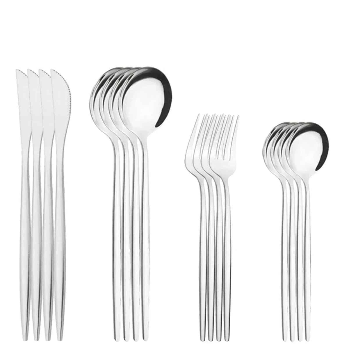 Ensemble de 16 couverts élégants en acier inoxydable argenté brillant, présentés par groupes de couteaux, cuillères à soupe, fourchettes et cuillères à café