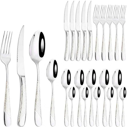 Service de 24 couverts en acier inoxydable argenté : ensemble complet pour 6 personnes avec couteaux, fourchettes et cuillères au fini miroir et manches ciselés