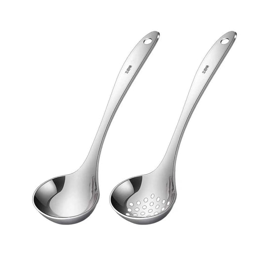 Duo de service luxe en acier inoxydable 304 : une louche à soupe et une écumoire de 23cm avec finition poli miroir