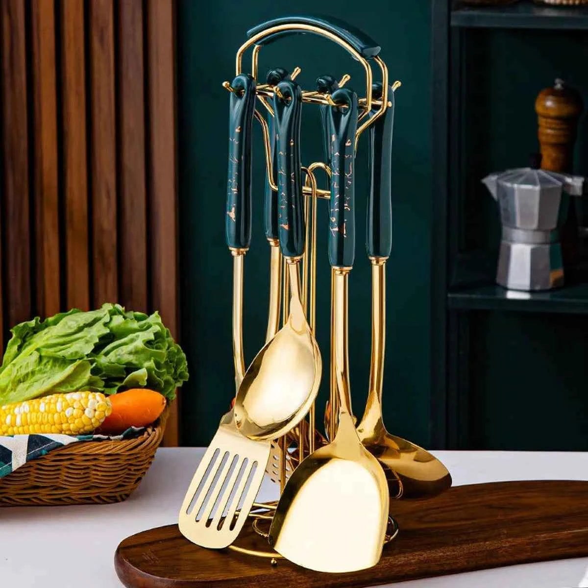 Set Ustensiles Cuisine 7pcs | Acier Inox Manche Céramique
