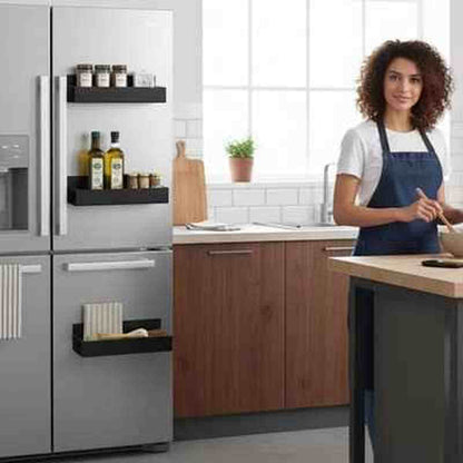 Femme cuisinant à côté d'un réfrigérateur équipé de trois étagères à épices noires OrganizeCuisine magnétiques.