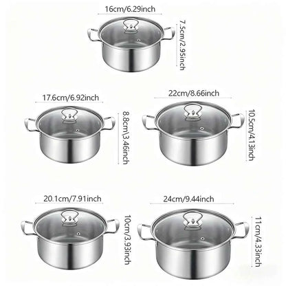Schéma technique montrant les dimensions des 5 casseroles en inox : 16cm, 17.6cm, 20.1cm, 22cm et 24cm avec leurs hauteurs respectives.