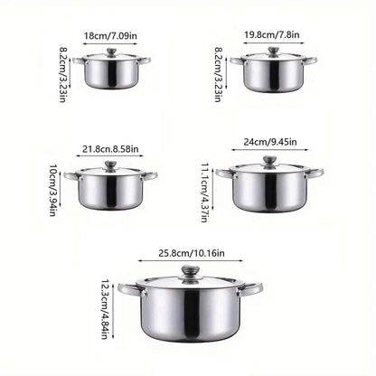 Schéma des dimensions des 5 casseroles en inox : diamètres de 18cm, 19.8cm, 21.8cm, 24cm et 25.8cm avec hauteurs détaillées