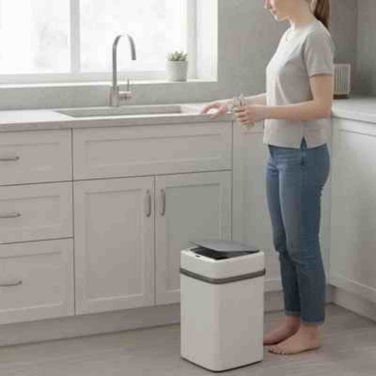 Femme debout dans une cuisine lumineuse à côté d'une poubelle automatique Design Fresh blanche, montrant sa taille compacte sous le plan de travail
