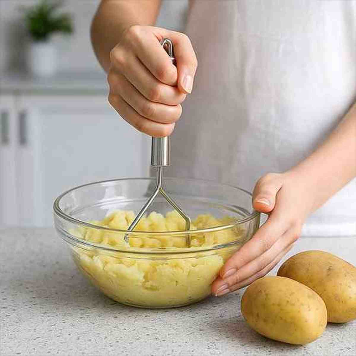 Main tenant fermement le presse-purée en acier inoxydable pour écraser des pommes de terre cuites dans un bol en verre transparent