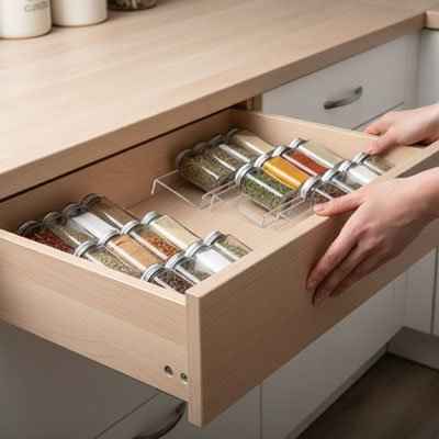 Organisateur de tiroir pour épices transparent OrganiFlex avec flacons d'épices rangés dans un tiroir de cuisine en bois.