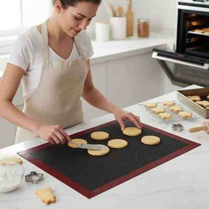 Tapis de cuisson en silicone rouge et blanc réutilisable PâtissiPro, une alternative écologique au papier sulfurisé pour les biscuits et pâtisseries.