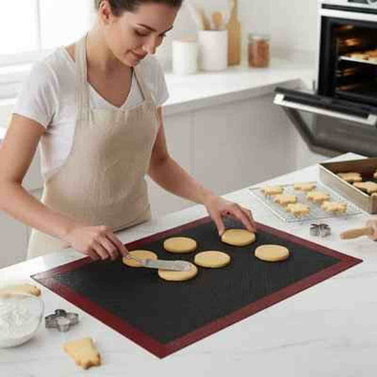 Tapis de cuisson en silicone rouge et blanc réutilisable PâtissiPro, une alternative écologique au papier sulfurisé pour les biscuits et pâtisseries.