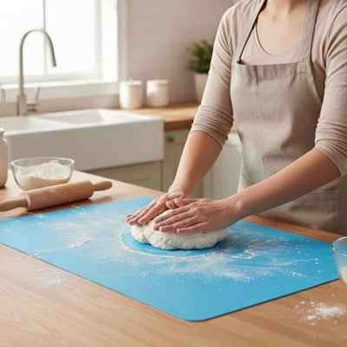 Gros plan d'une personne pétrissant de la pâte sur un tapis de cuisson en silicone bleu PâtissiPro, illustrant la surface antiadhésive et la propreté du plan de travail.