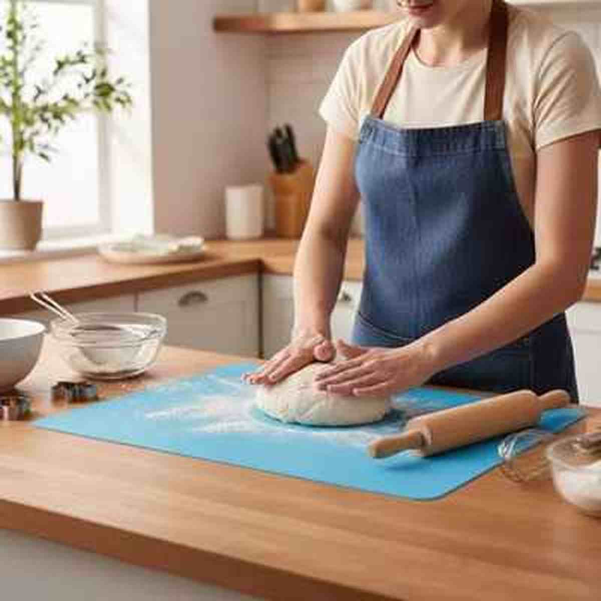 Utilisation du tapis de cuisson en silicone bleu PâtissiPro pour pétrir de la pâte à pain sur un plan de travail, montrant sa grande surface et son adhérence.