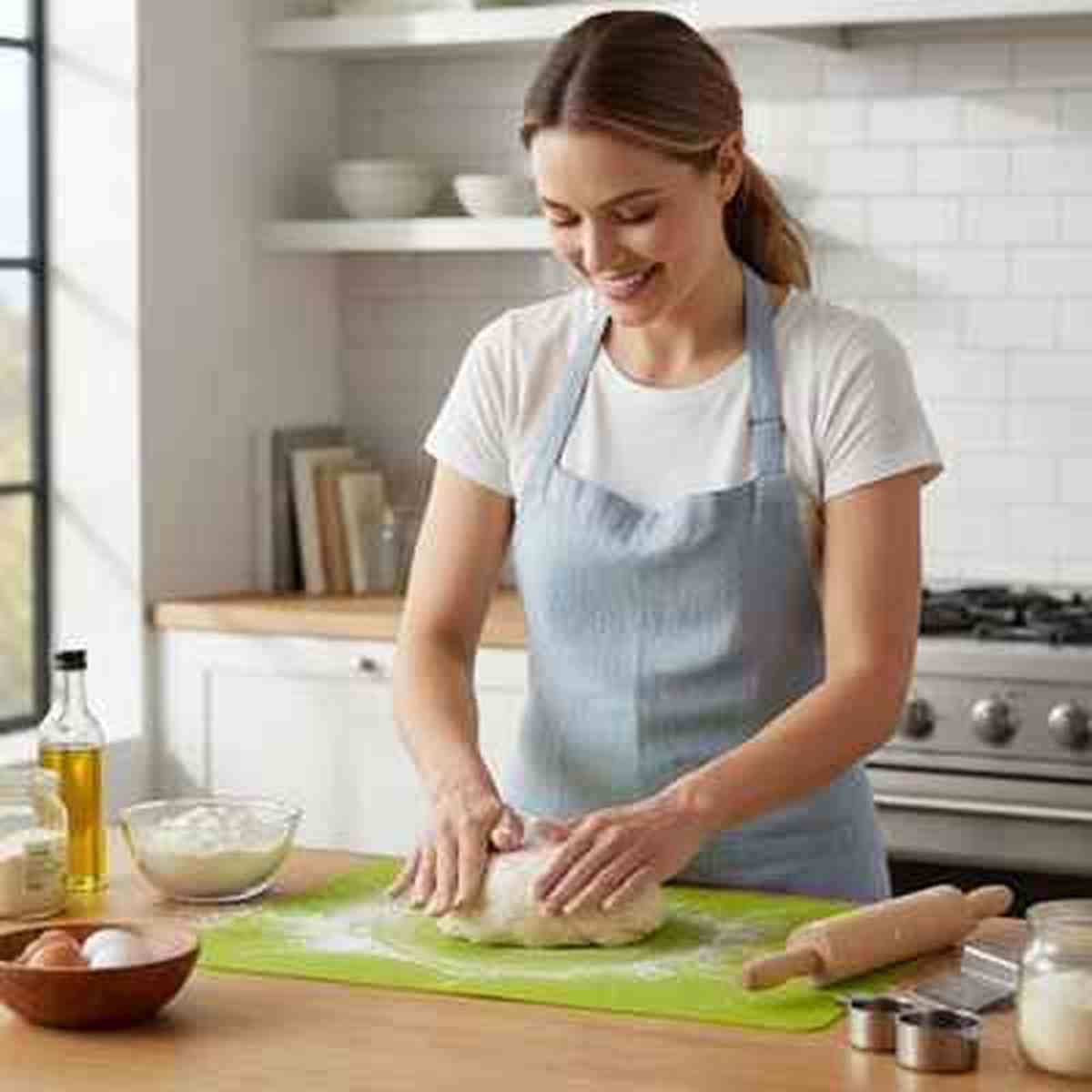 Femme utilisant le tapis de cuisson en silicone vert PâtissiPro pour pétrir de la pâte, illustrant la facilité d'utilisation et le confort du plan de travail.